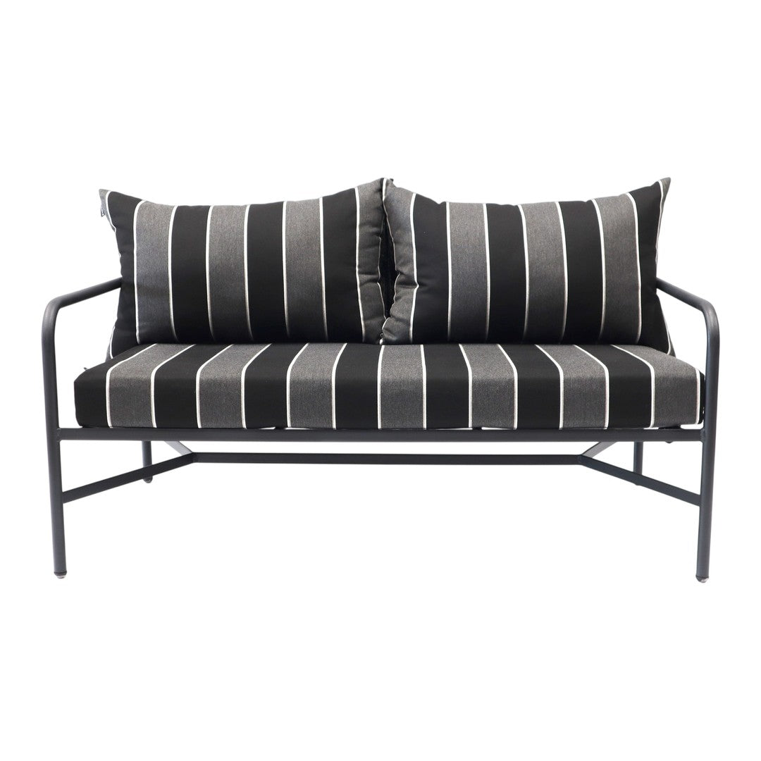 Black and grey striped sofa with matching cushions, featuring a sleek metal frame. Perfect for modern decor.