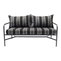 Black and grey striped sofa with matching cushions, featuring a sleek metal frame. Perfect for modern decor.