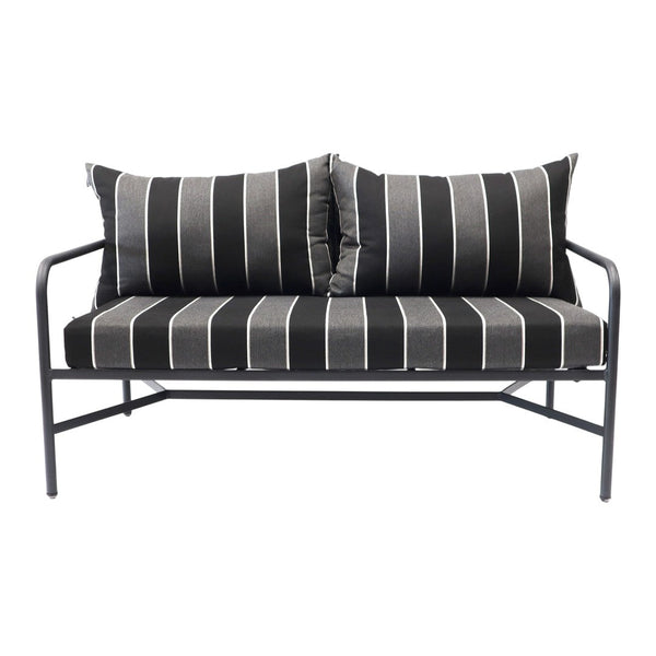 Black and grey striped sofa with matching cushions, featuring a sleek metal frame. Perfect for modern decor.