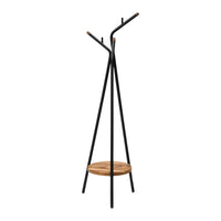 Modern black coat rack with natural wood platform, featuring a minimalistic design and sleek lines.
