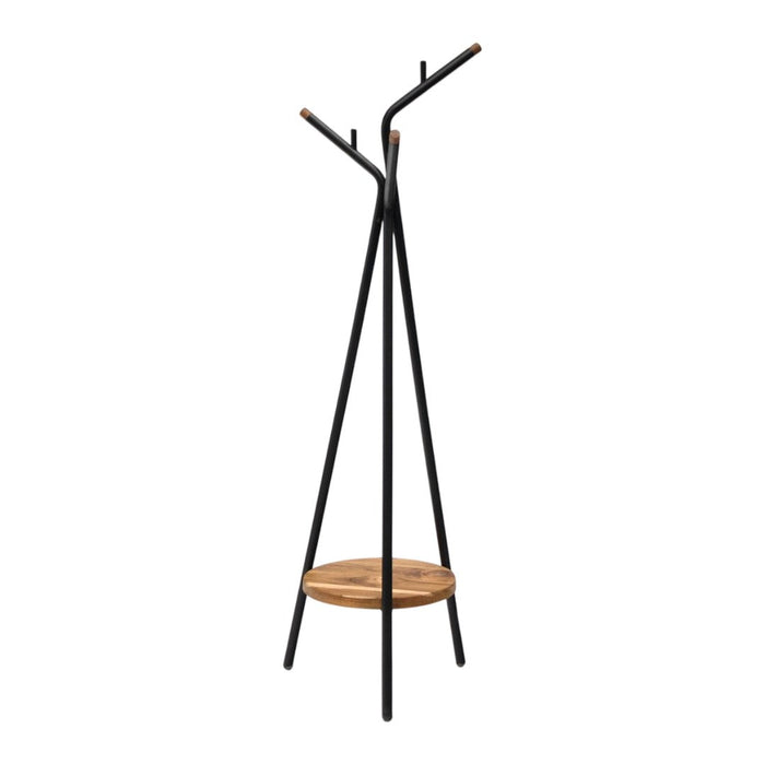 Modern black coat rack with natural wood platform, featuring a minimalistic design and sleek lines.