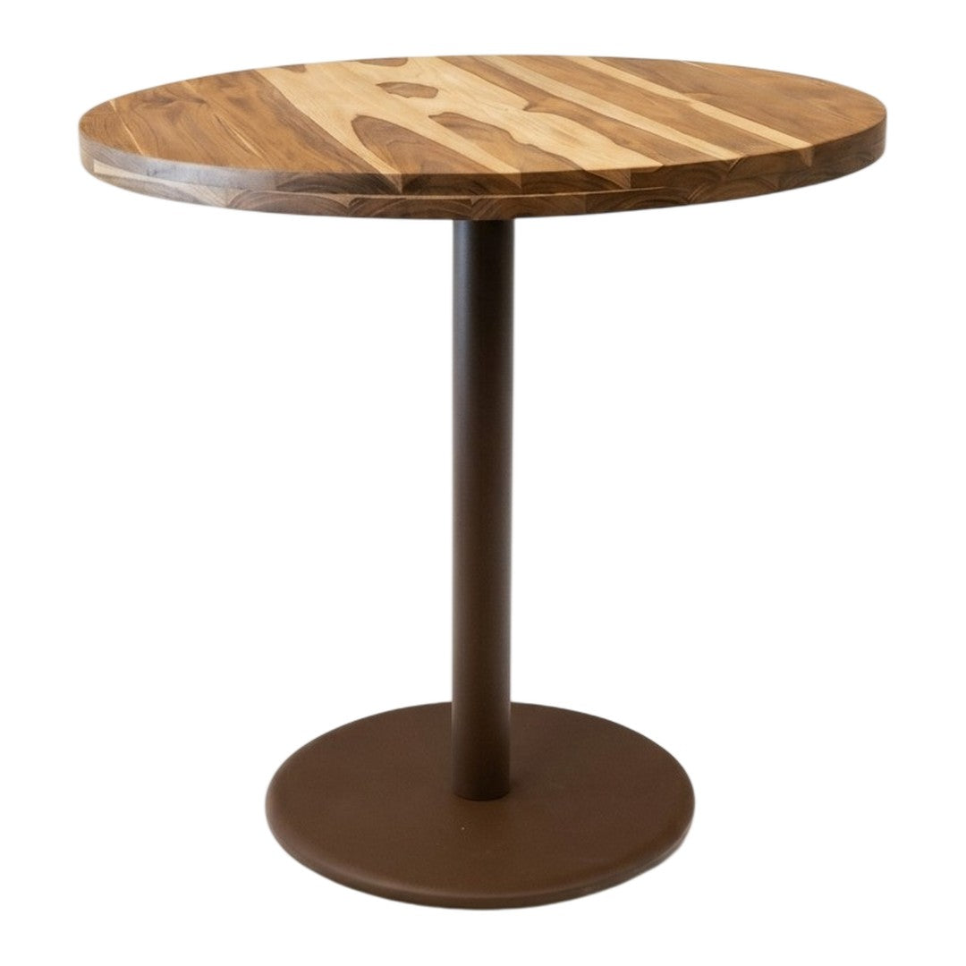 Round dining table with a natural wood top featuring light and dark stripes and a sturdy brown metal base.