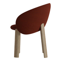 Curvy chair in rich rust fabric with natural wood legs, offering a modern, minimalist design. Great for contemporary decor.