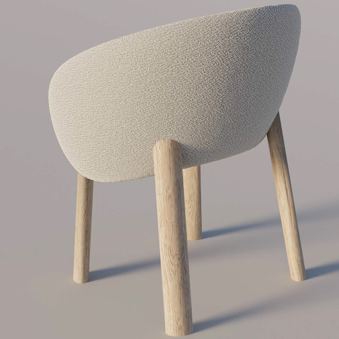 Light beige textured chair with natural wooden legs, featuring a modern, minimalist design.