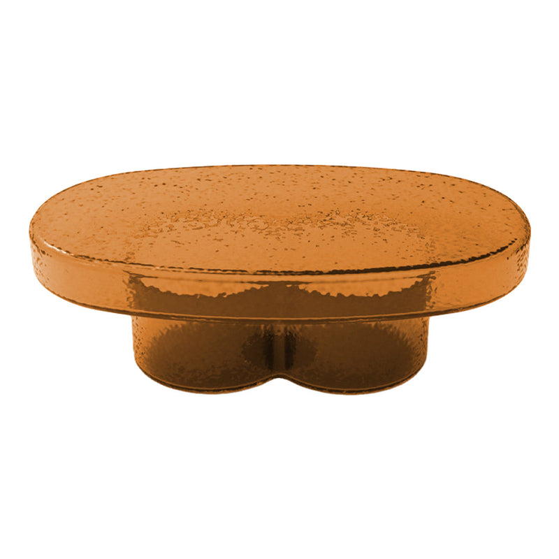Oval orange glass table with a sleek, glossy finish and subtle texture, perfect for modern decor.