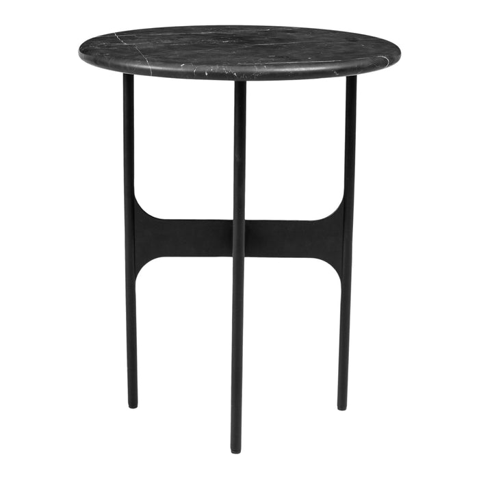 Round black marble top side table with sleek black metal legs, perfect for modern decor.