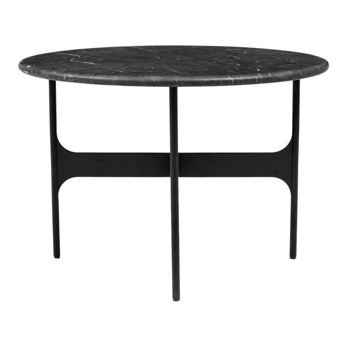 Round black marble table with a sleek black metal base, featuring a smooth surface and minimalist design.
