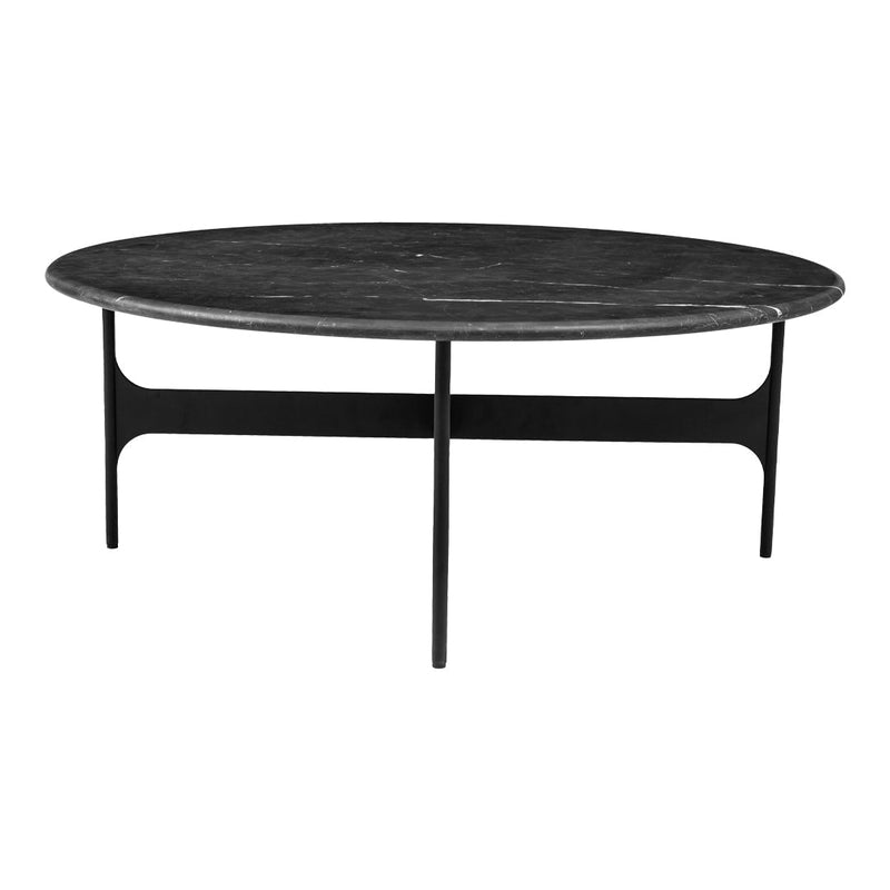 Black marble oval coffee table with sleek black metal legs, featuring a smooth, polished surface and minimalist design.