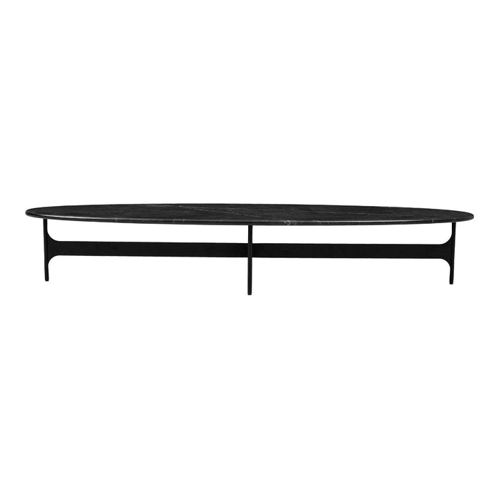 Sleek black oval coffee table with a modern design and minimalist pattern, perfect for contemporary spaces.