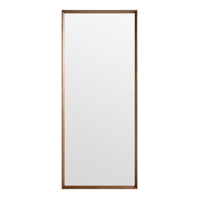 Tall, rectangular wall mirror with a sleek wooden frame in rich brown tones and a minimalist design.