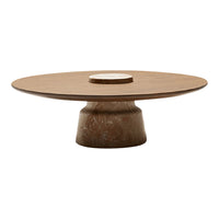 Round wooden serving platter with a smooth light brown finish and a contrasting white center, featuring a textured base.
