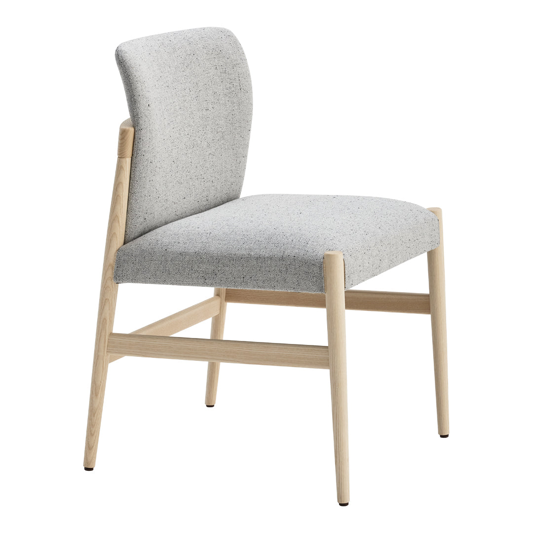 Light gray upholstered chair with a textured fabric and natural wood legs, offering a modern and minimalist design.