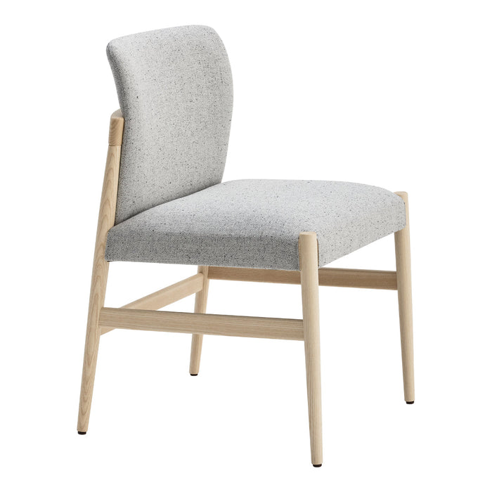 Light gray upholstered chair with a textured fabric and natural wood legs, offering a modern and minimalist design.