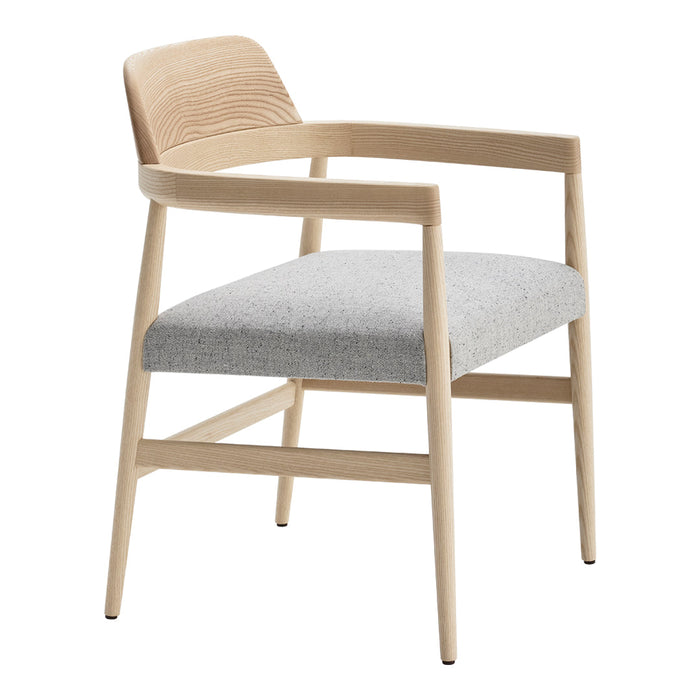 Light wood armchair with a textured natural wood back and a soft gray upholstered seat.