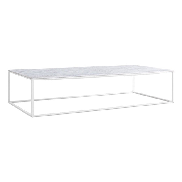 White rectangular coffee table with a sleek, striped top and minimalist metal frame. Modern, clean design.