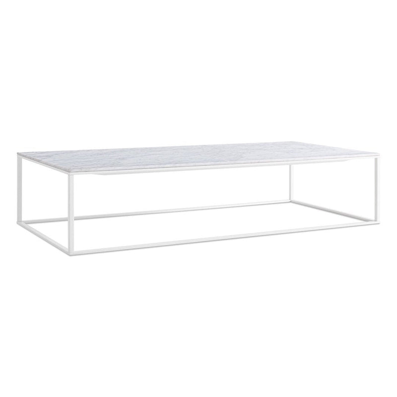 White rectangular coffee table with a sleek, striped top and minimalist metal frame. Modern, clean design.
