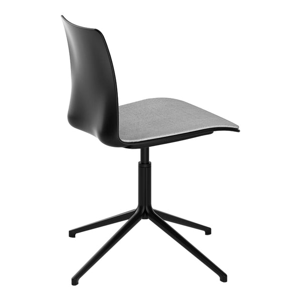 Modern black chair with a sleek matte finish and a light gray seat, featuring a minimalist design and a four-legged base.