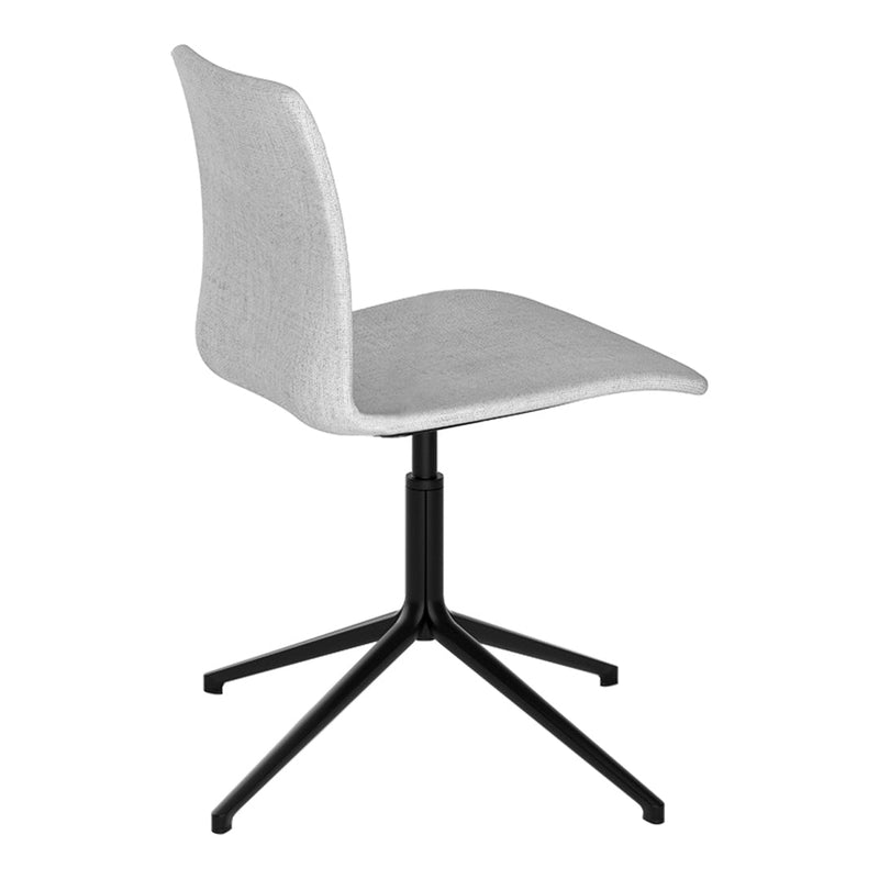 Gray upholstered chair on a black metal base, featuring a sleek, modern design with a smooth texture.