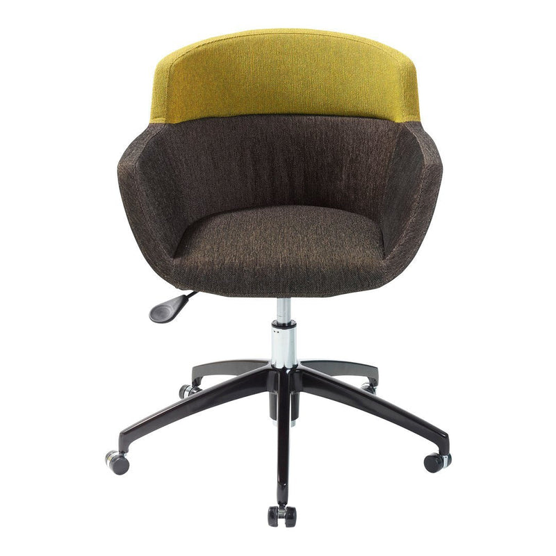 Modern office chair featuring a brown base and a vibrant yellow-green fabric seat, accented with a textured pattern.