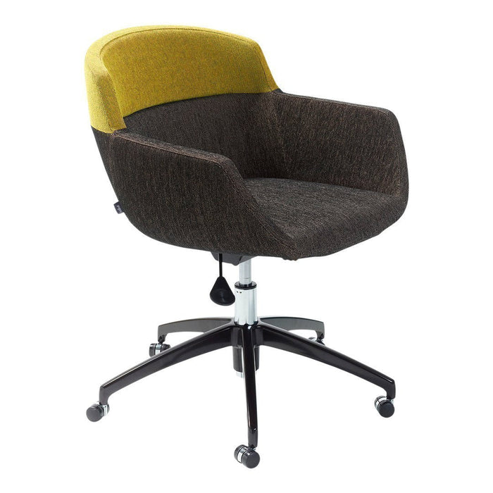 Modern office chair featuring a vibrant yellow backrest, dark brown seat, and sleek black base.
