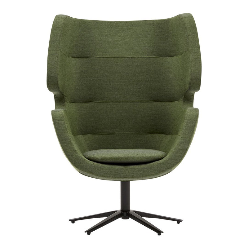 Green upholstered lounge chair with a curved design and subtle textured fabric. Modern black base.