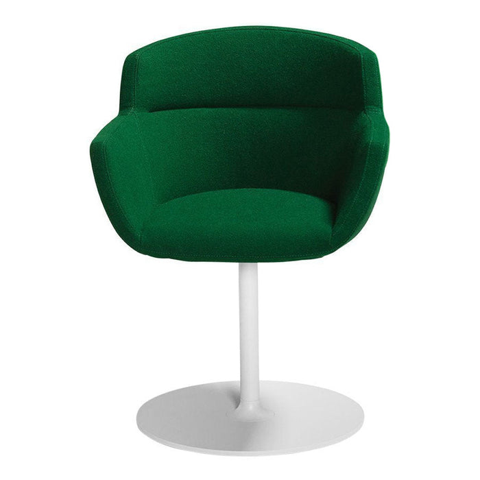 Green upholstered chair with a smooth, round base in white, offering a modern and minimalist design.