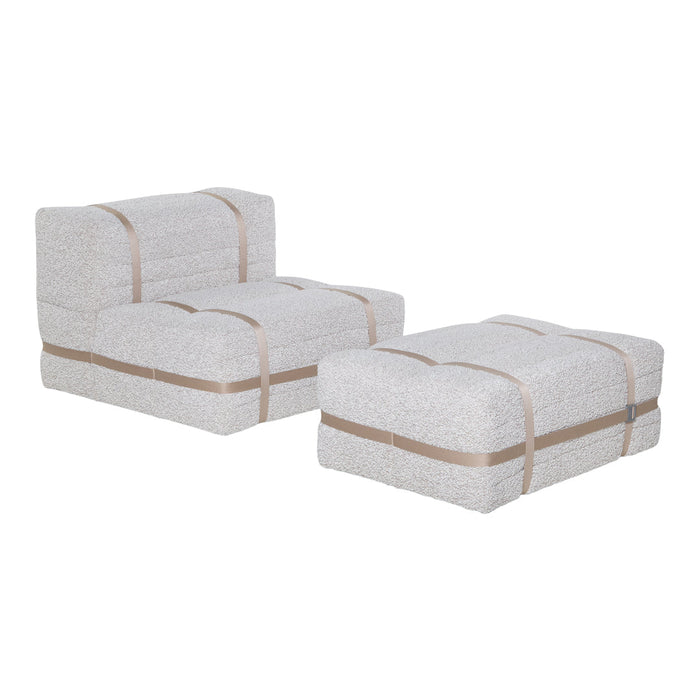 Soft gray upholstered seating with a textured pattern, accented by light beige straps for contrast.