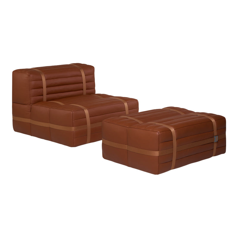 Brown upholstered seating set with horizontal quilted design and contrasting tan straps.