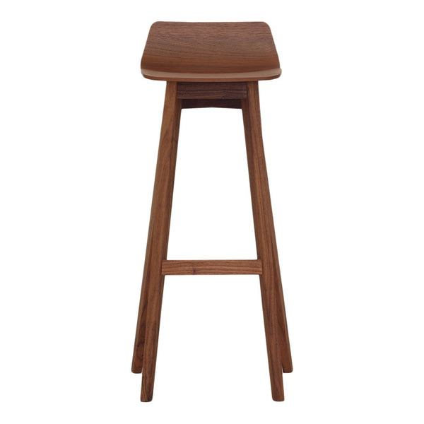Stylish brown wooden bar stool with a sleek, minimalist design and smooth surface. Perfect for modern interiors.