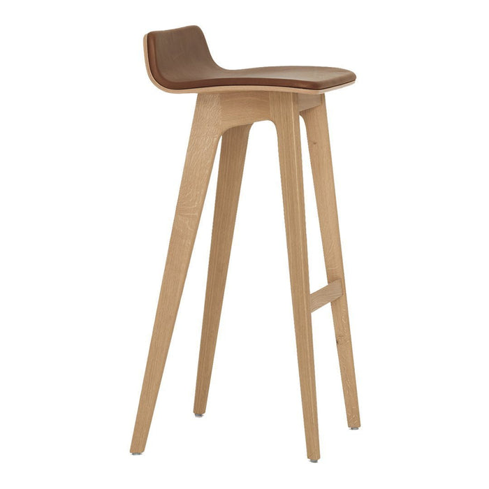 Brown upholstered seat on natural wood legs, featuring a sleek and minimalist design.
