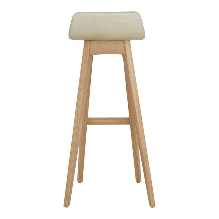 Light beige padded seat on natural wood legs, minimalist design, perfect for modern interiors.