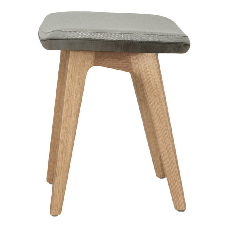 Gray padded seat with a natural wood base, featuring a minimalist design and clean lines. Perfect for modern decor.