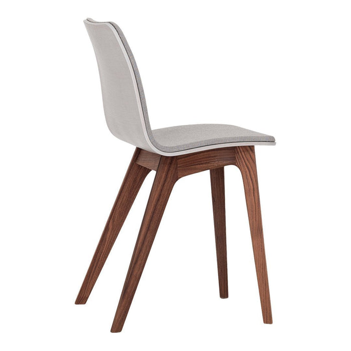 Gray upholstered chair with a smooth finish and natural wood legs, showcasing a minimalist design.