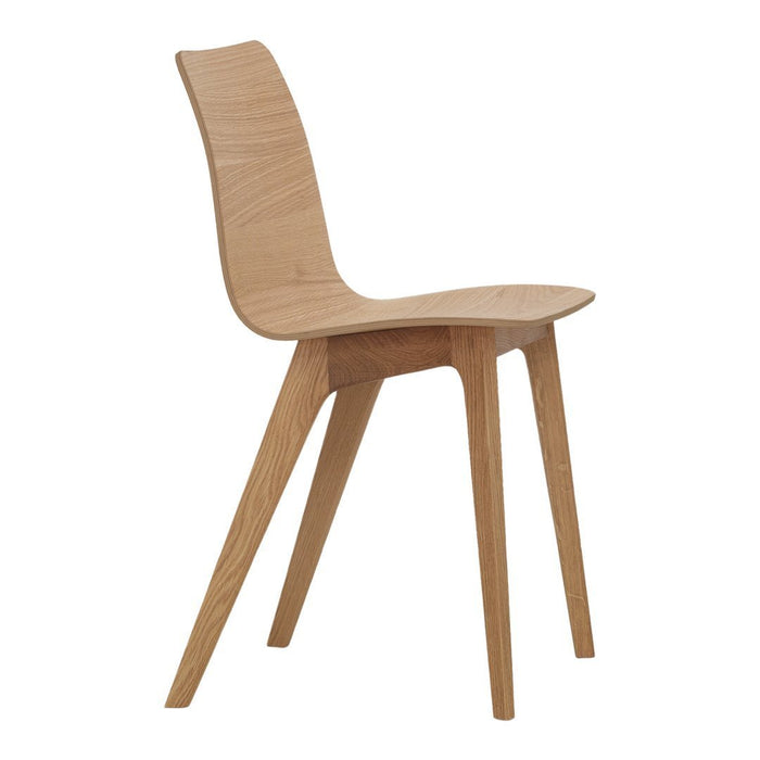 Natural wood finish chair with smooth lines and minimalistic design, showcasing light brown tones and a sleek silhouette.
