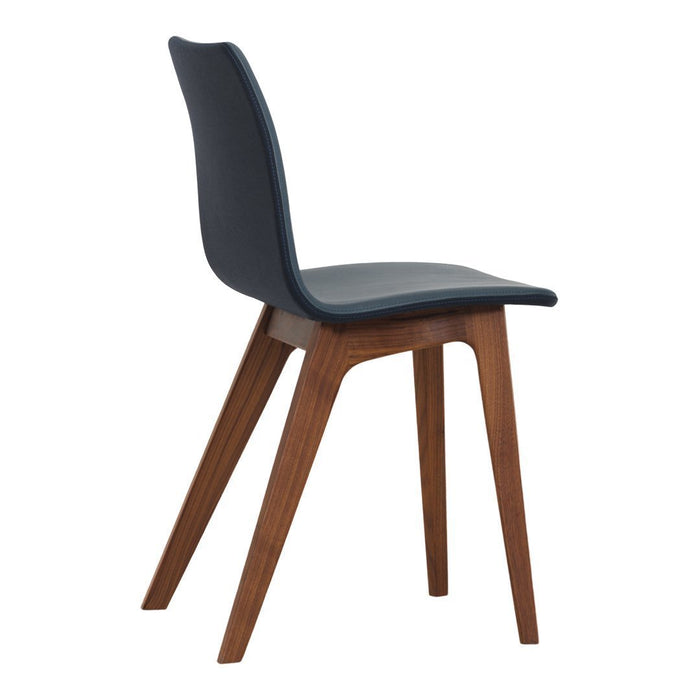 "Stylish navy chair with a smooth fabric seat and light brown wooden legs, offering a modern, minimalist design."