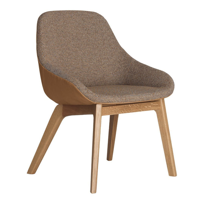 Brown upholstered chair with a wood base, featuring a minimalist design and smooth, curved lines.