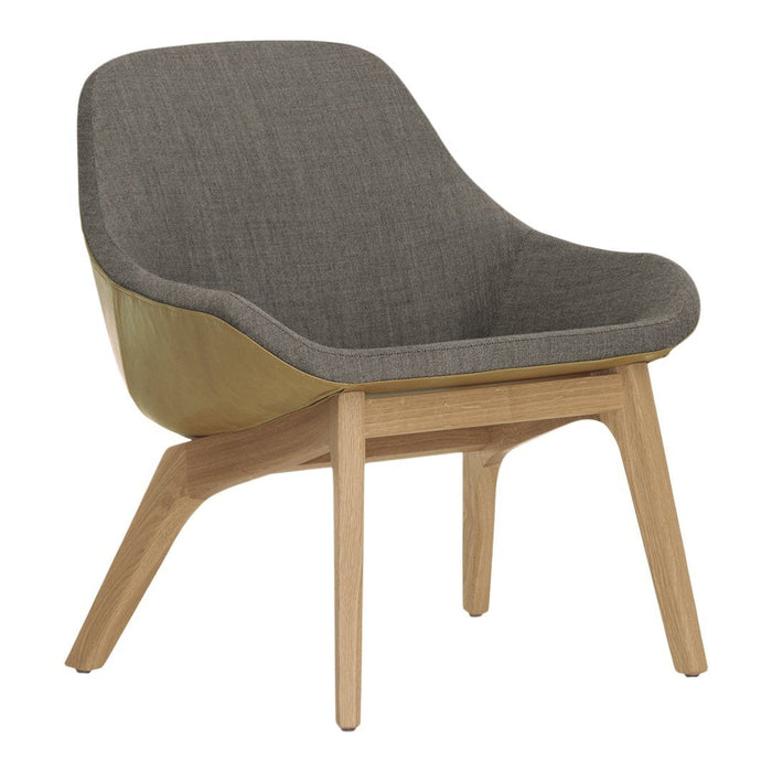 Gray upholstered chair with smooth wooden base, featuring a minimalist, modern design. Perfect for contemporary decor.
