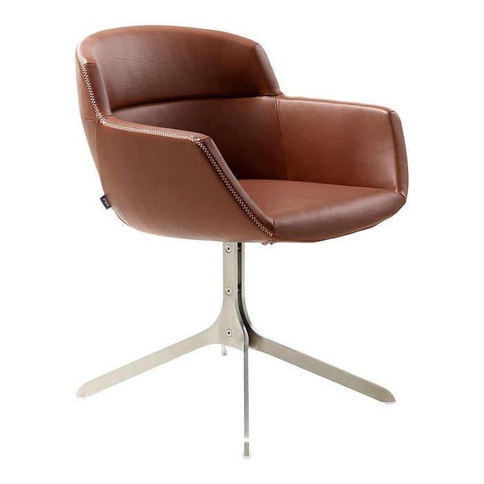 Brown leather accent chair with smooth surface and sleek silver base, perfect for modern decor.