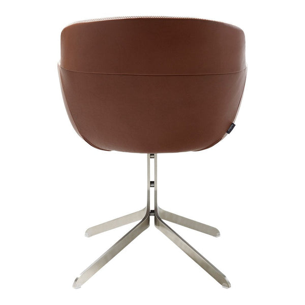 Brown leather chair with sleek, minimalist design and metallic base; modern and stylish appearance.