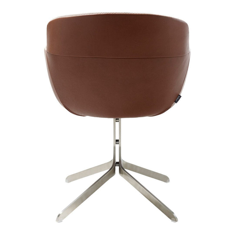 Brown leather chair with sleek, minimalist design and metallic base; modern and stylish appearance.