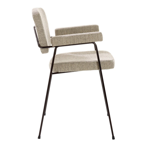 Beige upholstered chair with a subtle textured pattern and dark metal legs, perfect for modern interiors.