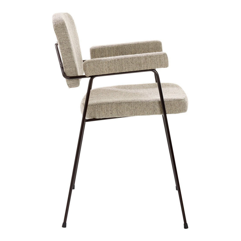 Beige upholstered chair with a subtle textured pattern and dark metal legs, perfect for modern interiors.