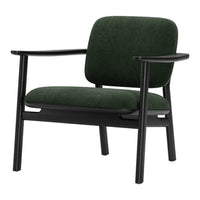 Modern green upholstered chair with sleek black wooden frame, featuring a minimalist design and soft texture.