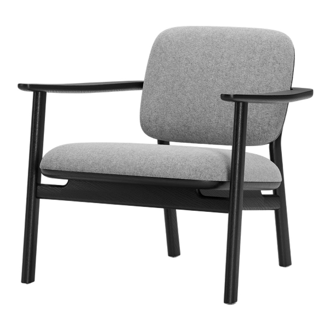 Gray upholstered chair with sleek black wooden frame and minimalist design. Perfect for modern decor.