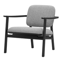 Gray upholstered chair with sleek black wooden frame and minimalist design. Perfect for modern decor.