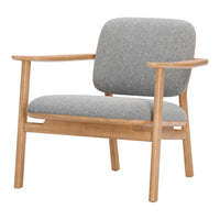Gray upholstered chair with light wooden frame and minimalist design. Perfect for modern interiors.