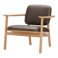 Modern chair with warm brown faux leather seat and backrest, complemented by natural wood frame.