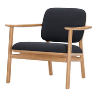 Black textured fabric armchair with light wood frame, showcasing a modern and minimalist aesthetic.