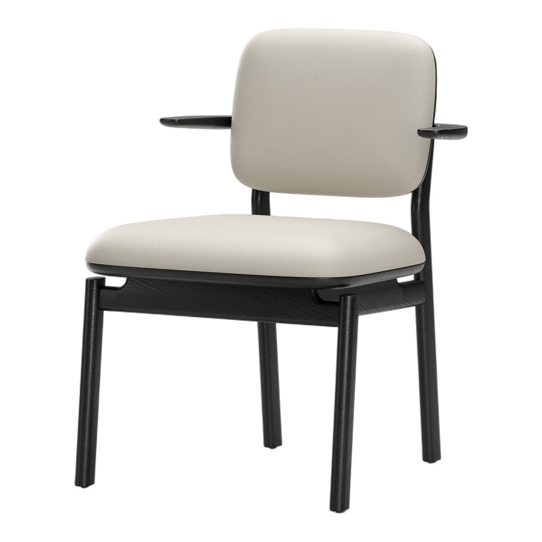 Minimalist chair featuring a soft beige seat and backrest with a sleek black wooden frame. Elegant and modern design.