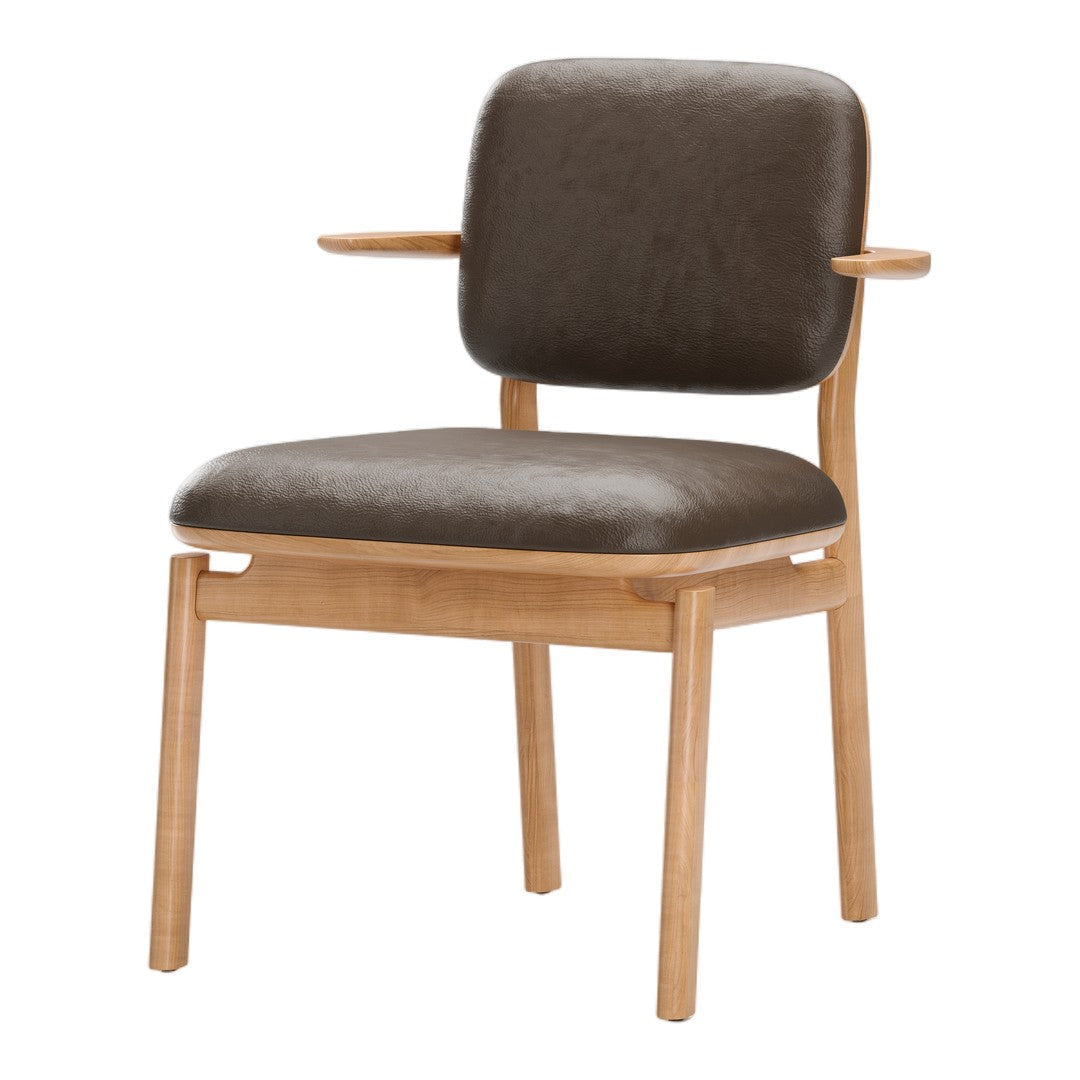 Brown faux leather seat and backrest with natural wooden frame and arms, featuring a sleek, modern design.